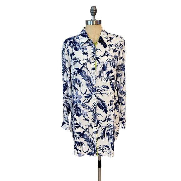 Soft Surroundings Floral Button-Up Tunic Shirt Long Sleeve Blue White Medium - Picture 1 of 5